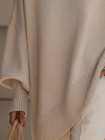 Comfortable Knit Poncho Sweater for Women with Crew Neck Batwing Sleeve Oversized Asymmetric Style