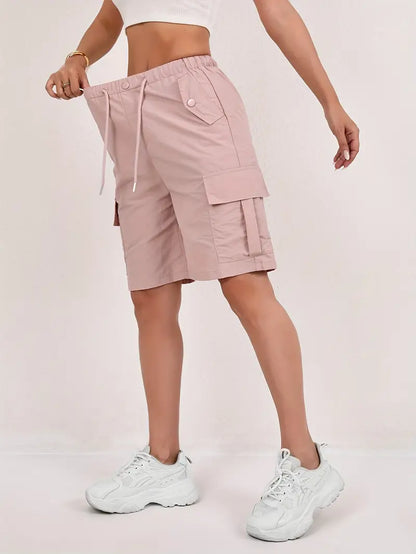 Effortless Pink Cargo Bermuda Shorts for Women with High Waist Drawstring Relaxed Casual Style