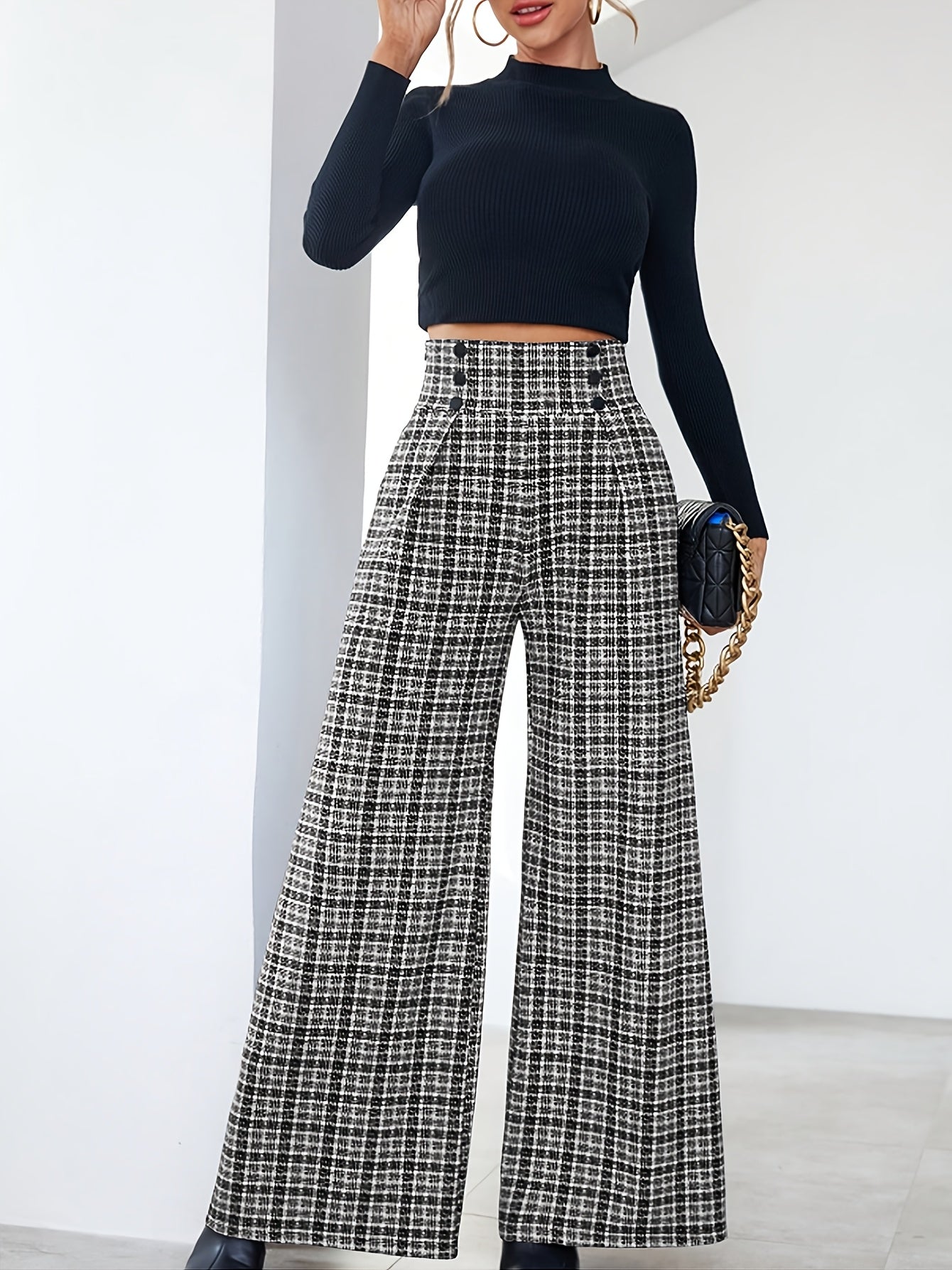 Elegant Plaid Tweed Wide Leg Pants for Women with High Waist Button Front Pleated Relaxed Style