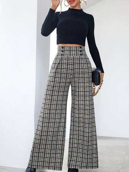 Elegant Plaid Tweed Wide Leg Pants for Women with High Waist Button Front Pleated Relaxed Style