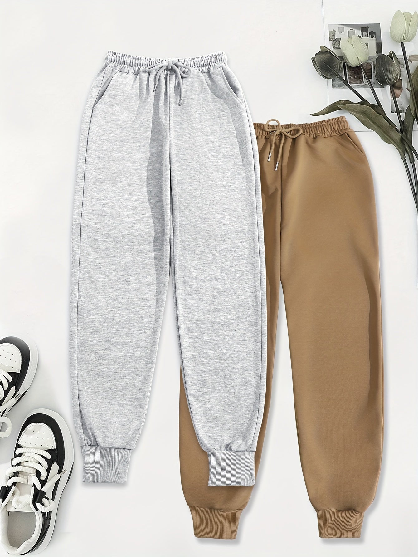 2pcs Women's Casual Jogging Pants - Soft and Comfortable Drawstring Waistband Sport Pants