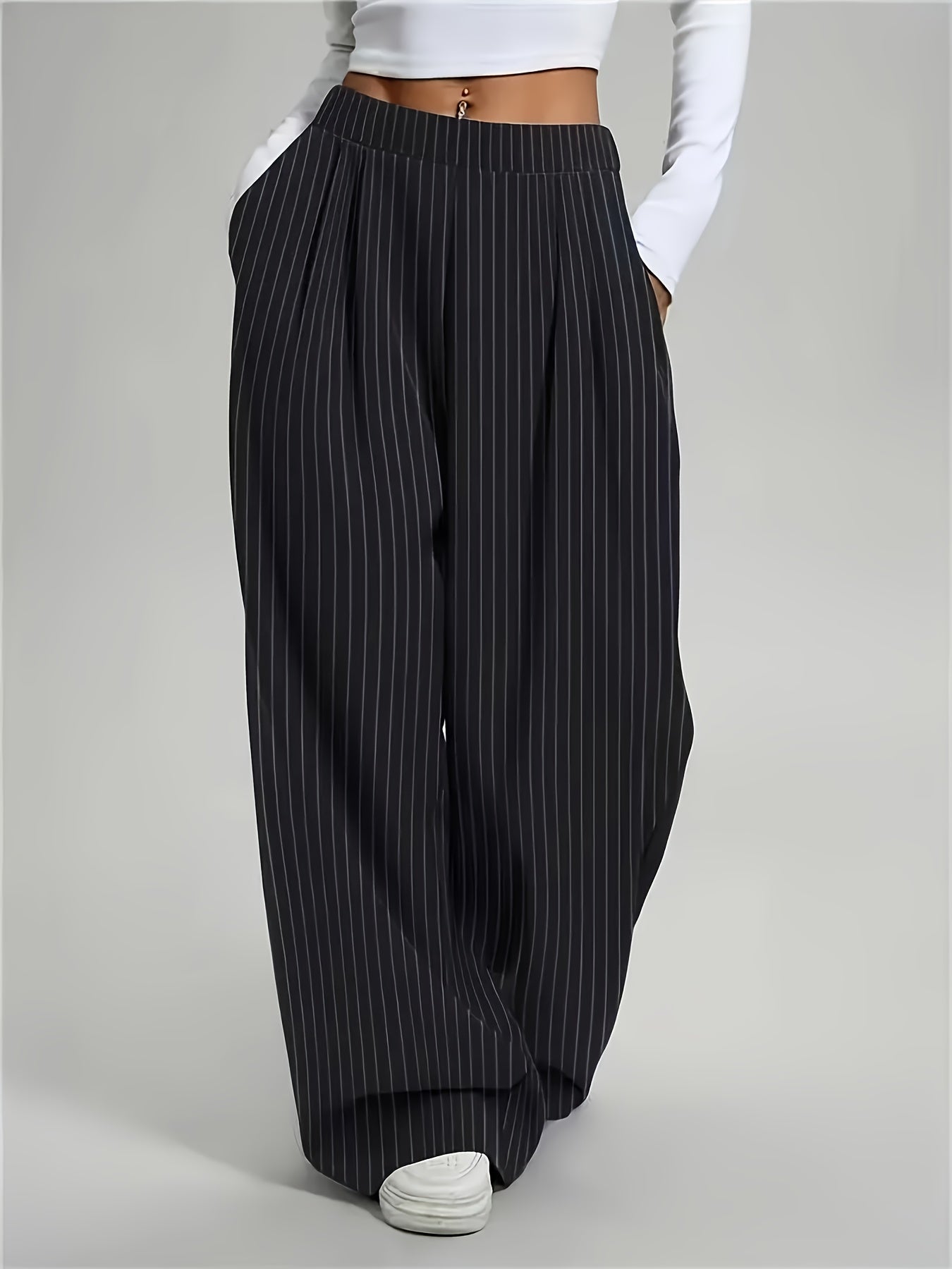 Effortless Black Pinstripe Wide Leg Pants for Women with High Waist Pleated Relaxed Tailored Style