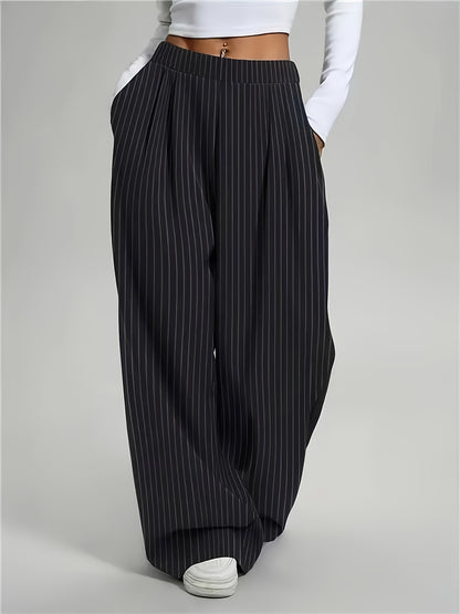 Effortless Black Pinstripe Wide Leg Pants for Women with High Waist Pleated Relaxed Tailored Style