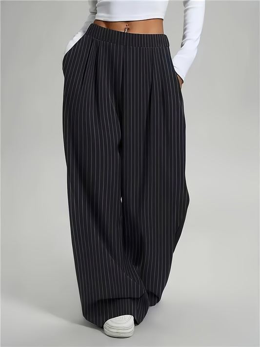 Effortless Black Pinstripe Wide Leg Pants for Women with High Waist Pleated Relaxed Tailored Style