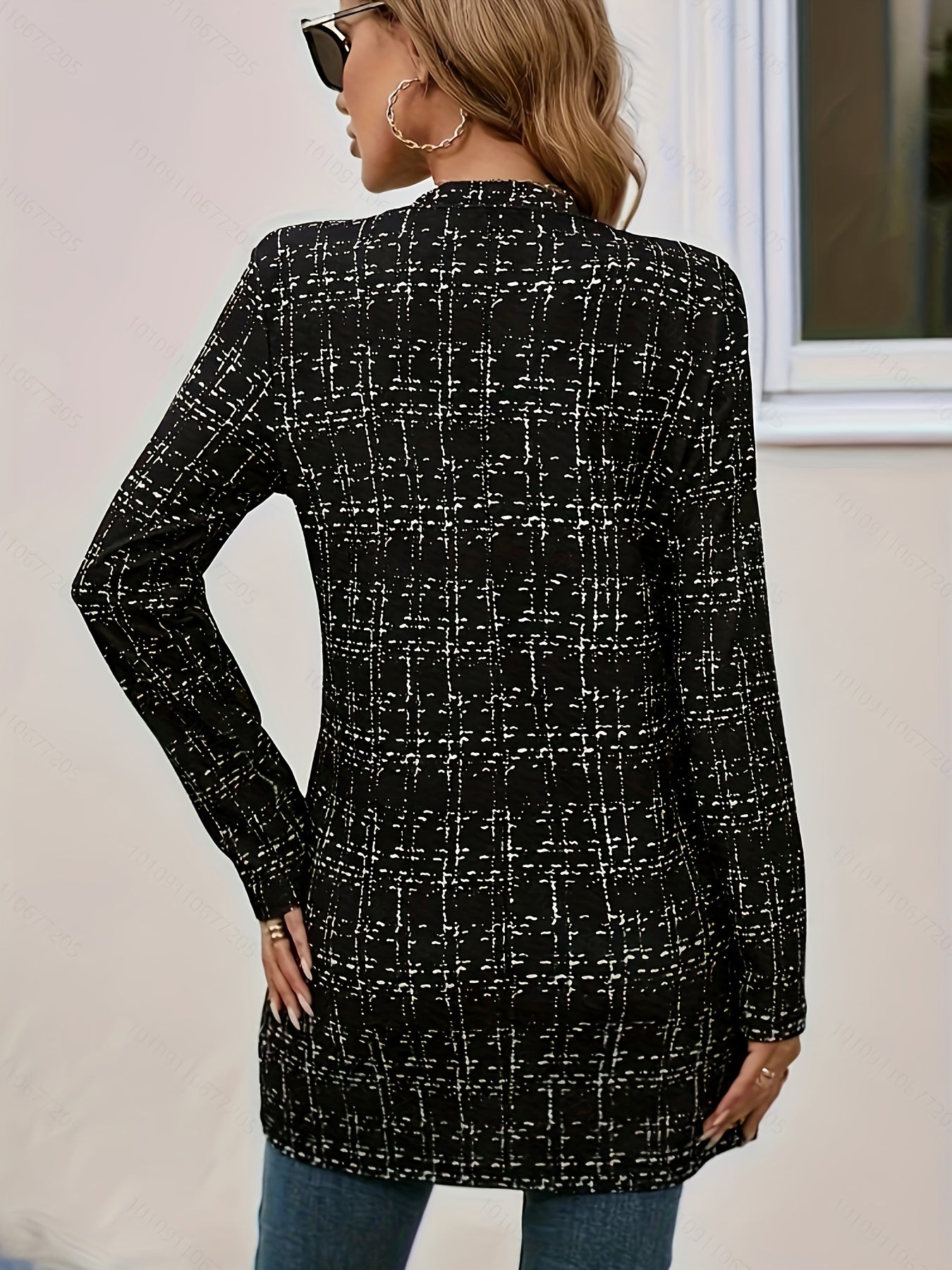 Elegant Black Tweed Longline Blazer for Women with Notched Collar Long Sleeve Open Front Relaxed Style