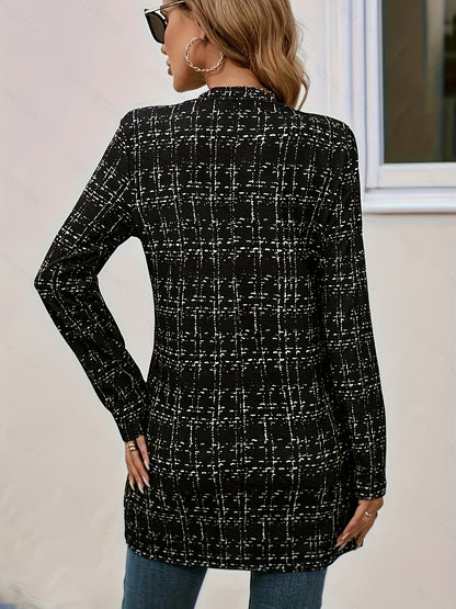 Elegant Black Tweed Longline Blazer for Women with Notched Collar Long Sleeve Open Front Relaxed Style