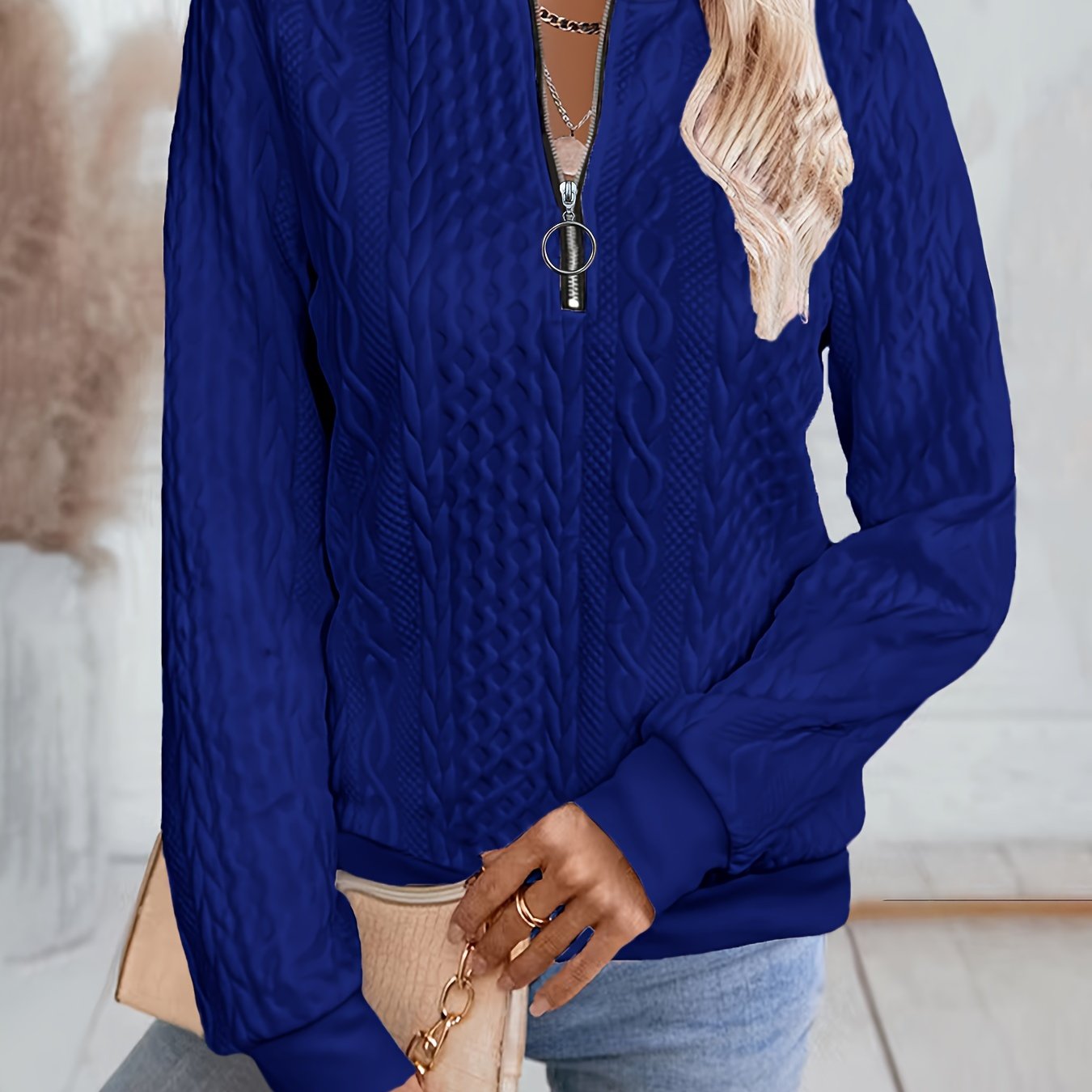 Other Mountain Sq060661 Fashionable Elegant Fall Winter New Solid Texture Fabric Baseball Neck Zip-Up Women'S Long Sleeve Sweatshirt