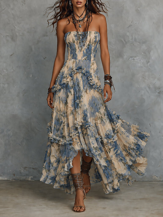 Effortless Blue Floral Maxi Dress for Women with Strapless Pleated Tiered Ruffle Bohemian Style