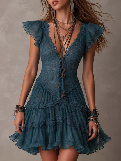 Elegant Blue Lace Mini Dress for Women with V Neck Flutter Sleeve Tiered Ruffle Bohemian Style