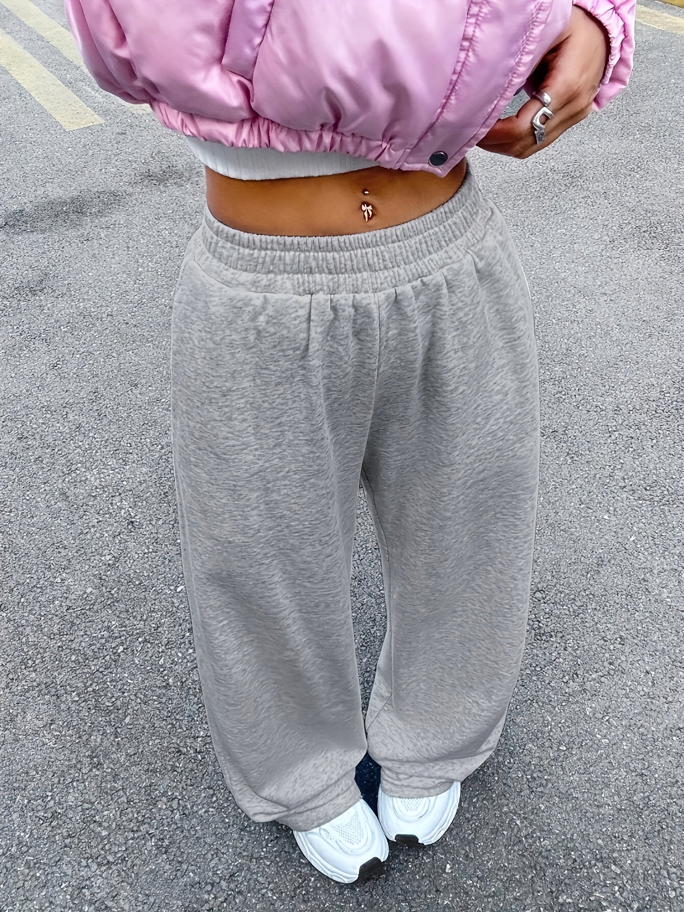 Women's Jogging Pants, Elastic-waistband Wide-leg Casual Pants with Side Pockets, Light Gray Athletic Sweatpants, Suitable for Daily and Formal Wear, Machine-washable Non-sheer Fabric, Joggers, Comfortable Clothing, Medium Stretch