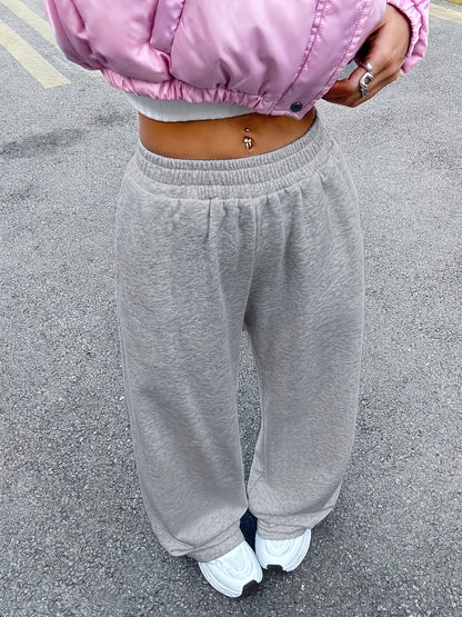 Women's Jogging Pants, Elastic-waistband Wide-leg Casual Pants with Side Pockets, Light Gray Athletic Sweatpants, Suitable for Daily and Formal Wear, Machine-washable Non-sheer Fabric, Joggers, Comfortable Clothing, Medium Stretch