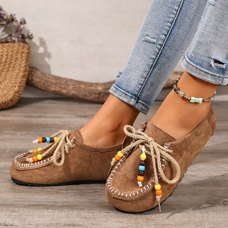 Comfortable Loafers for Women with Beaded Lace Detail Moccasin Stitch Platform Sole