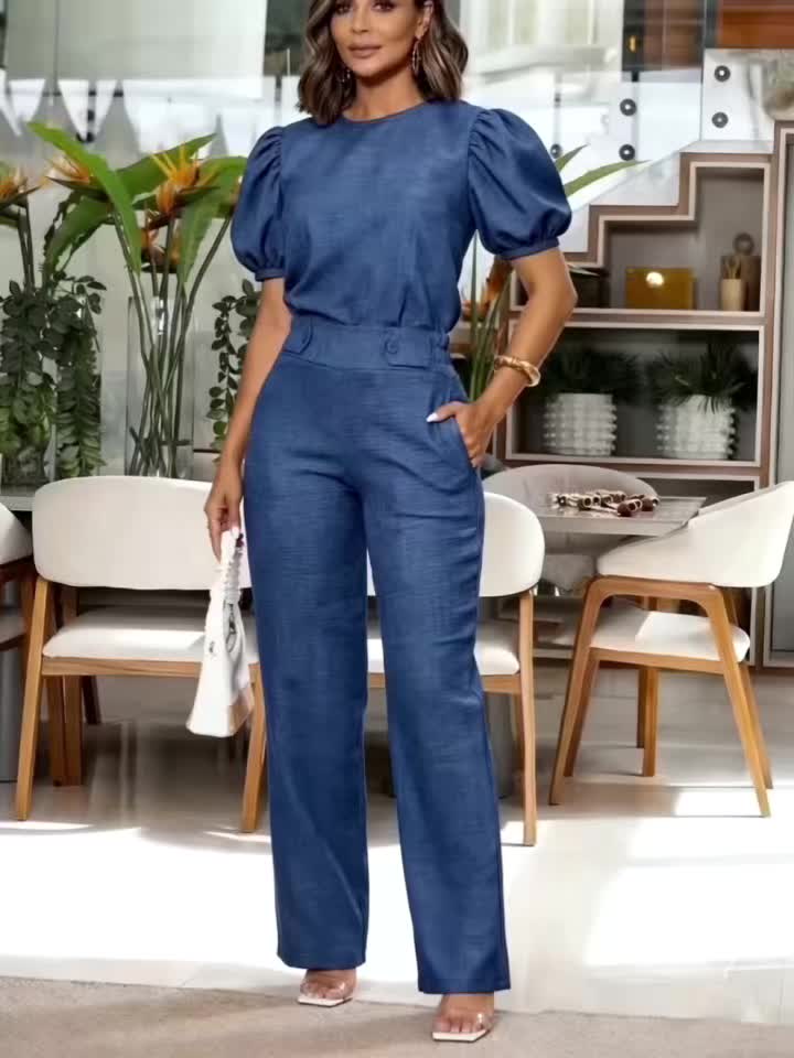 Age-Reducing Summer Comfortable Fabric Short Sleeve Round Neck Top with Slanted Pocket And Pants Elegant Two-Piece Set