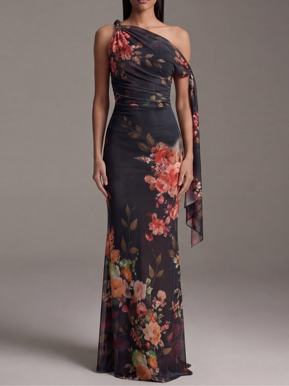 Elegant Black Floral Maxi Dress for Women with One Shoulder Draped Sleeve Ruched Bodycon Formal Wedding Guest Style