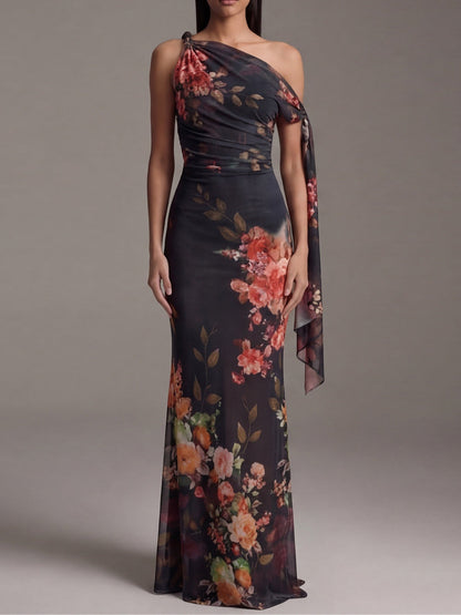 Elegant Black Floral Maxi Dress for Women with One Shoulder Draped Sleeve Ruched Bodycon Formal Wedding Guest Style
