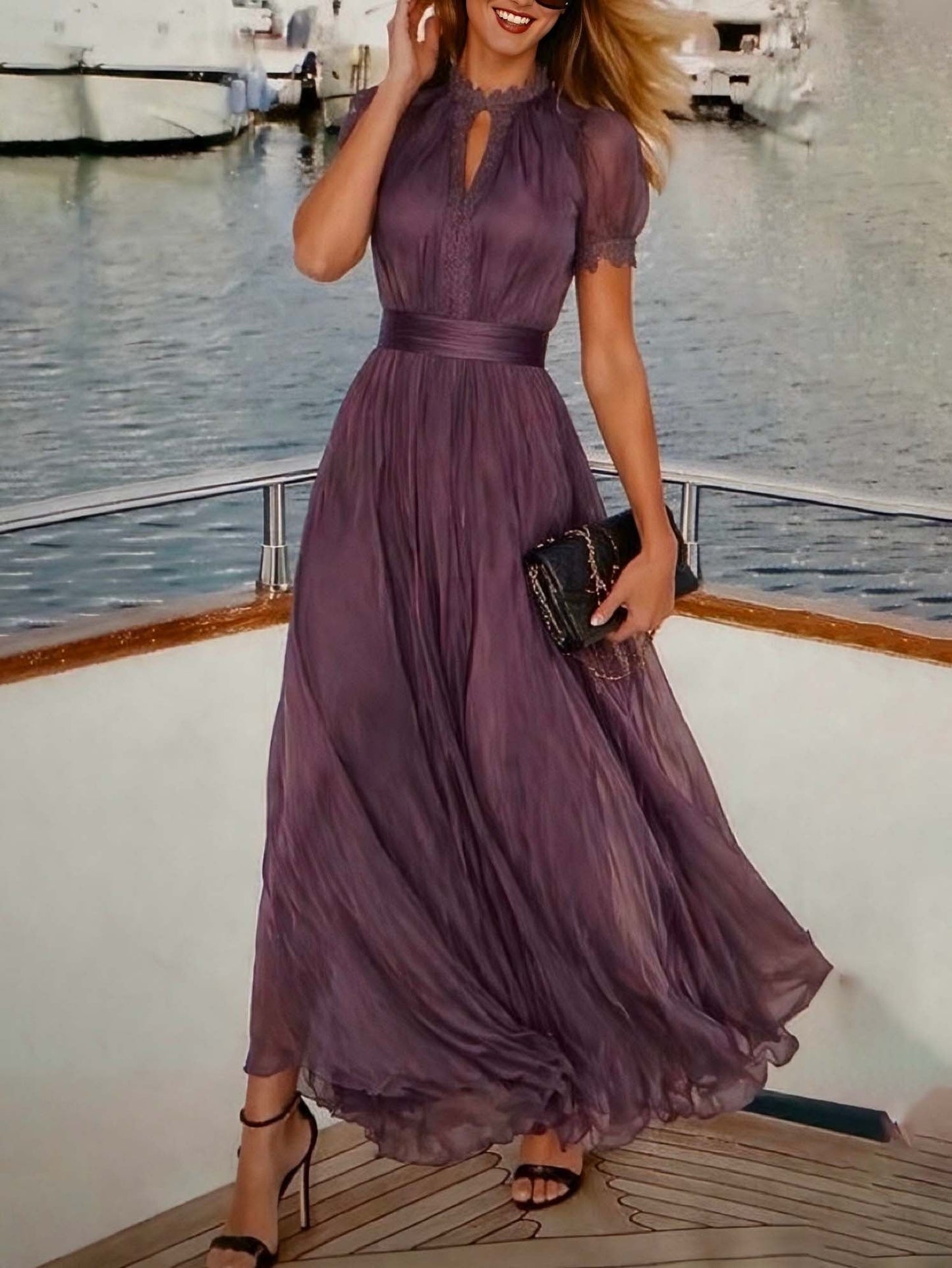 Elegant Ombre Chiffon Maxi Dress for Women with High Neck Puff Sleeve Keyhole Lace Trim Flowing Style