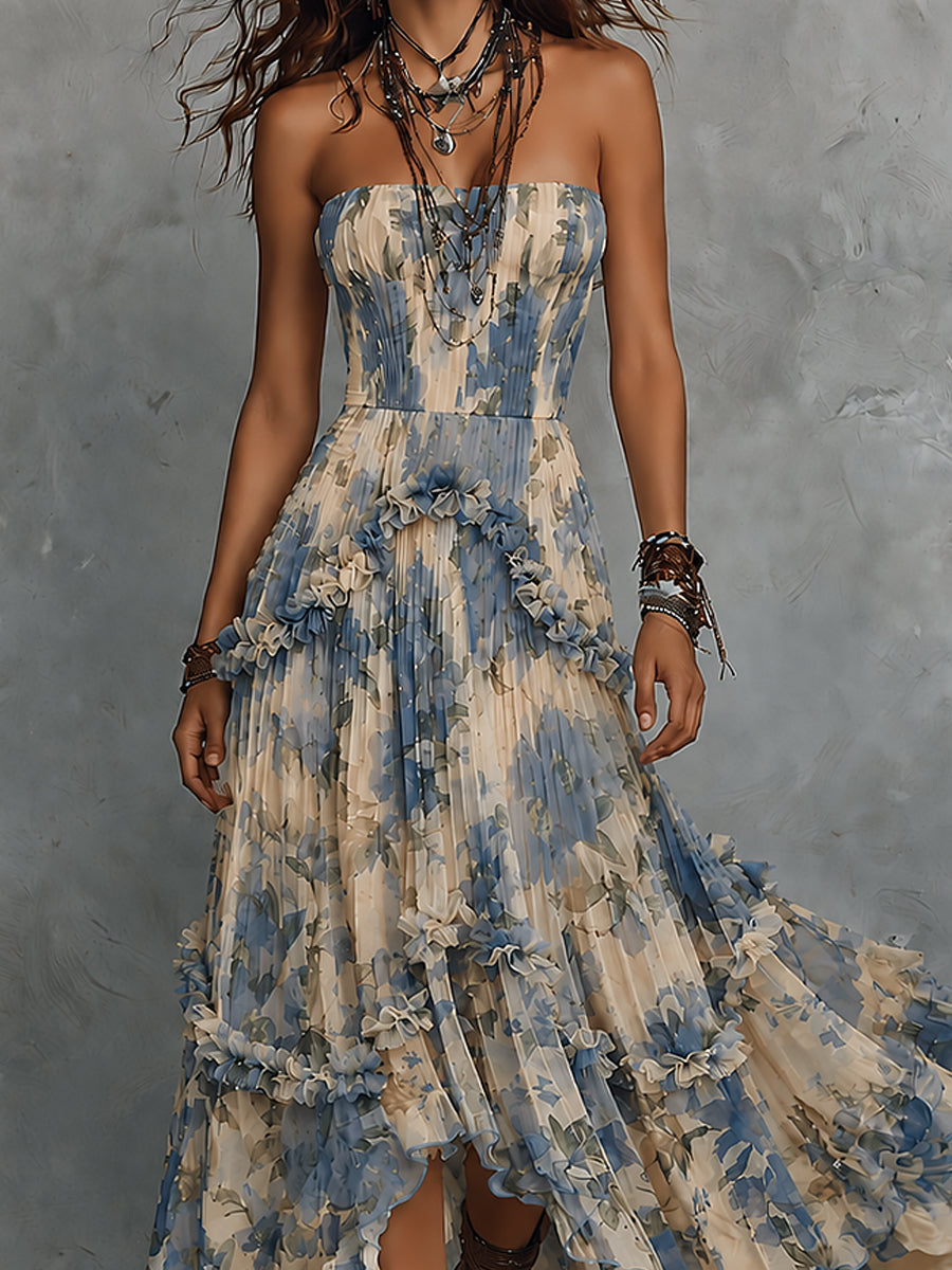 Effortless Blue Floral Maxi Dress for Women with Strapless Pleated Tiered Ruffle Bohemian Style