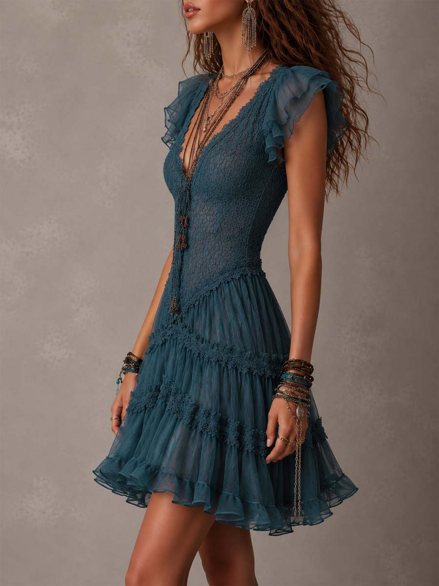 Elegant Blue Lace Mini Dress for Women with V Neck Flutter Sleeve Tiered Ruffle Bohemian Style