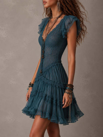 Elegant Blue Lace Mini Dress for Women with V Neck Flutter Sleeve Tiered Ruffle Bohemian Style