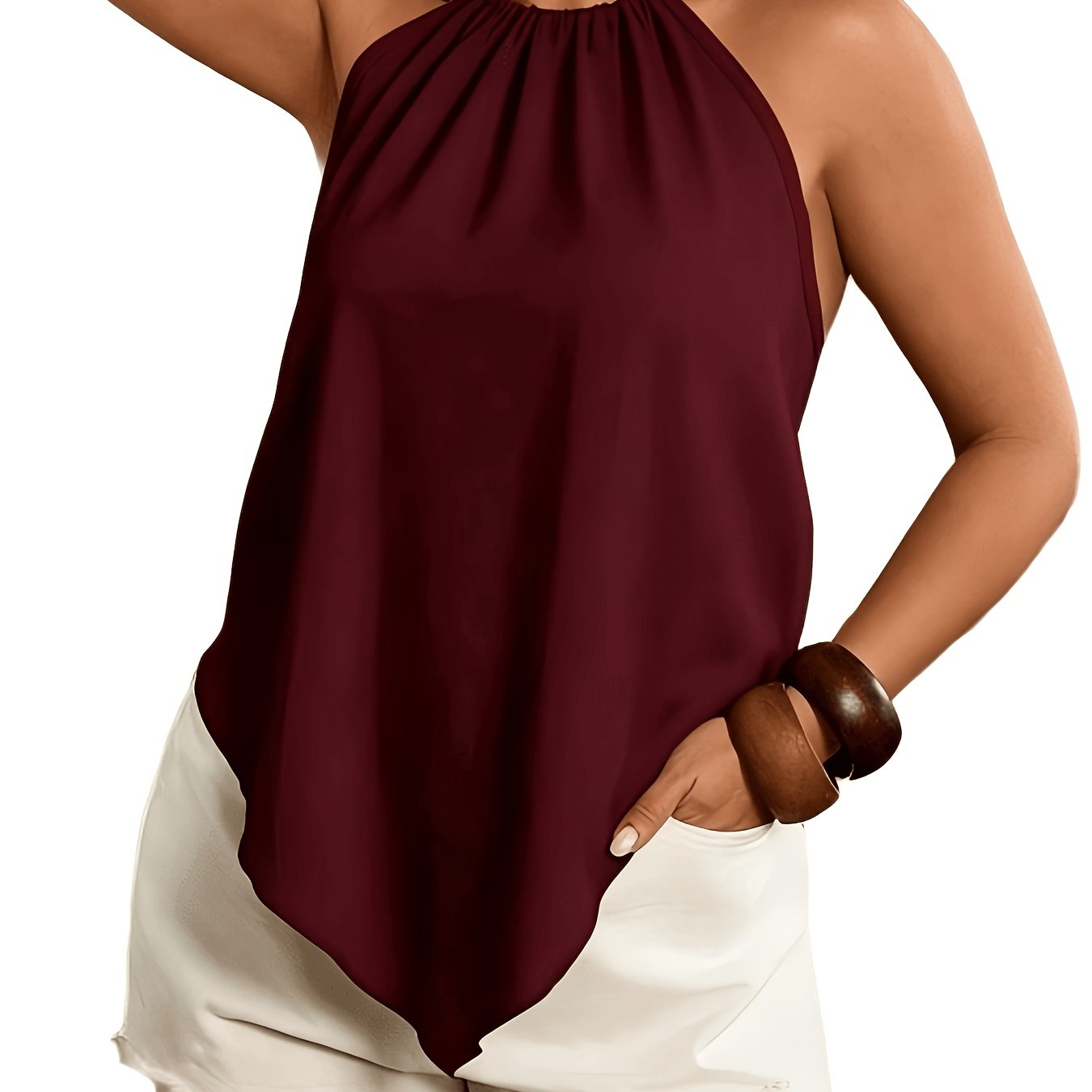 Effortless Halter Top for Women with Sleeveless Handkerchief Hem Tie Back Flowing Tank Style