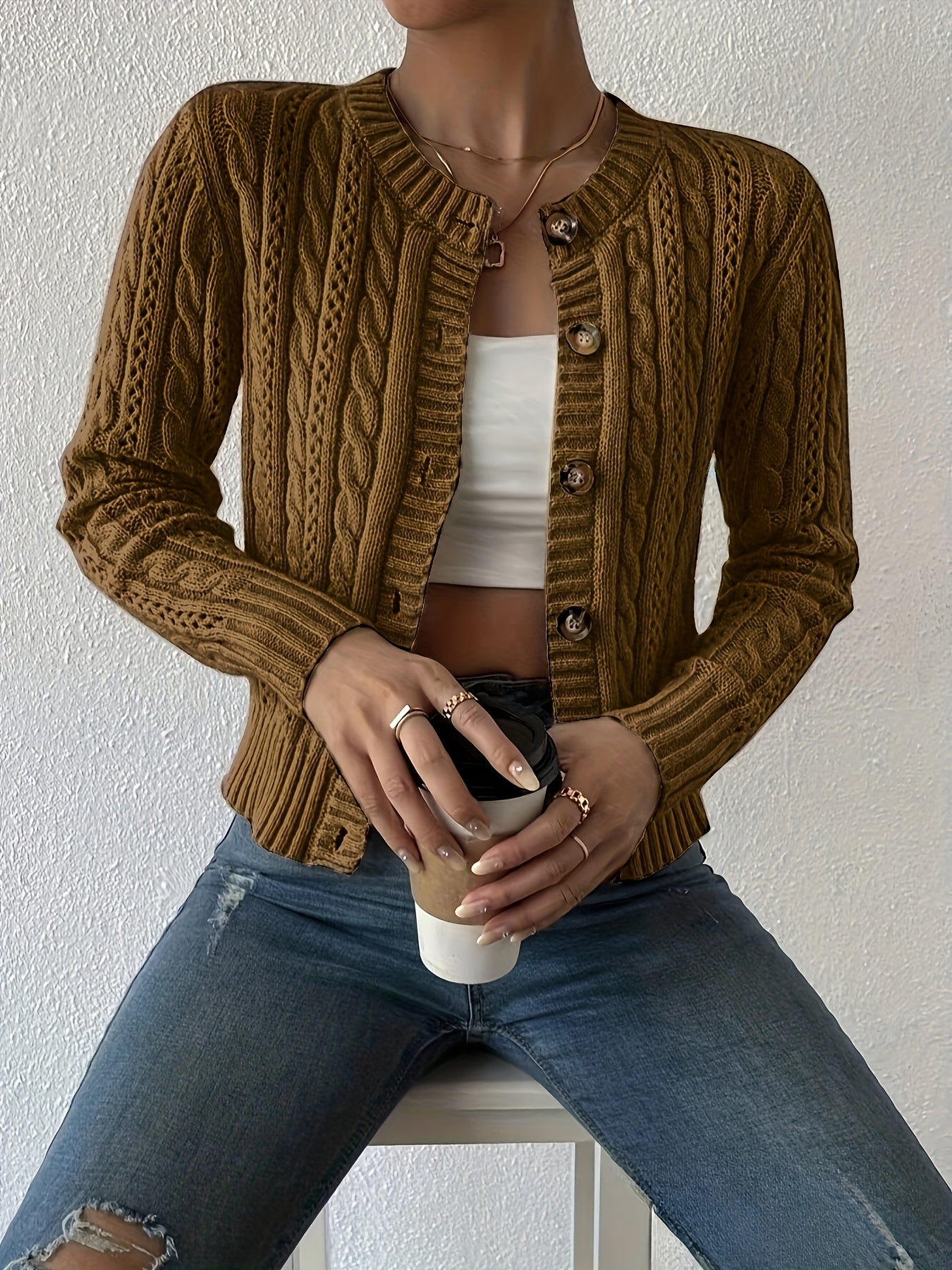 Comfortable Cable Knit Cardigan Sweater for Women with Crew Neck Long Sleeve Button Front Cropped Casual Style