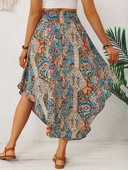 Effortless Multicolor Paisley Maxi Skirt for Women with High Waist Drawstring Asymmetrical Hem Bohemian Style