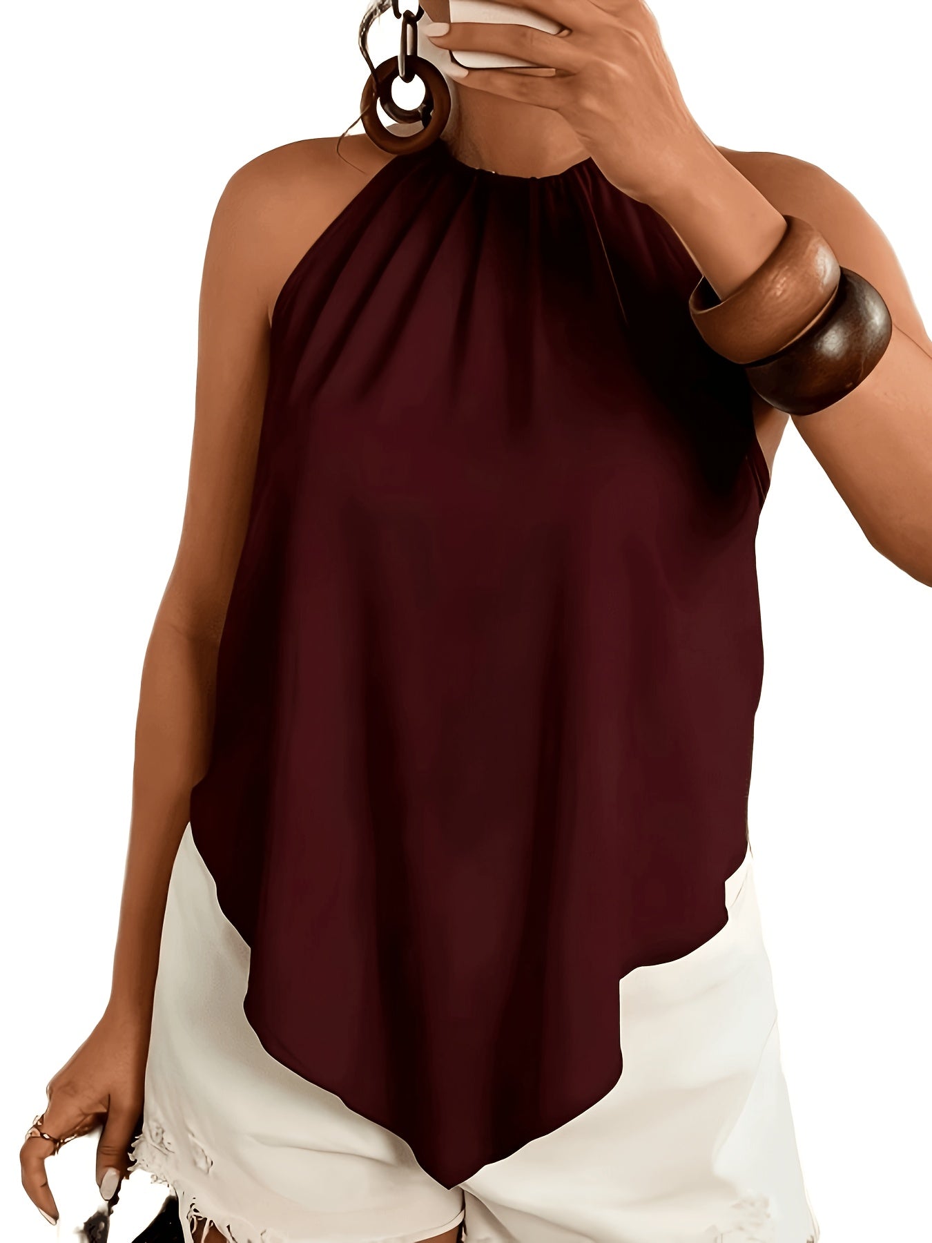 Effortless Halter Top for Women with Sleeveless Handkerchief Hem Tie Back Flowing Tank Style