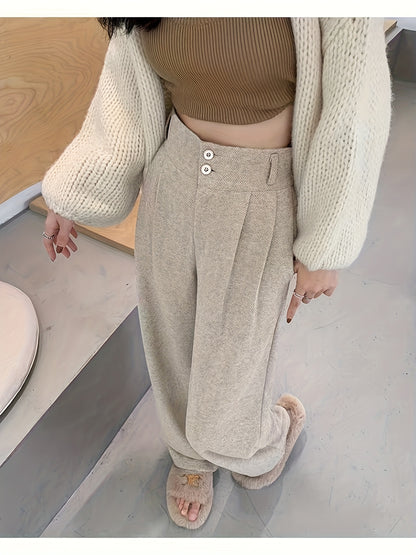 Elegant Herringbone Wide Leg Pants for Women with High Waist Button Front Pleated Tailored Style