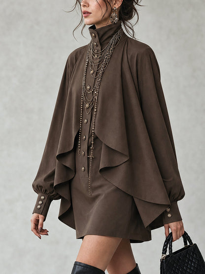 Elegant Chocolate Mini Dress for Women with High Neck Long Sleeve Draped Cape Style