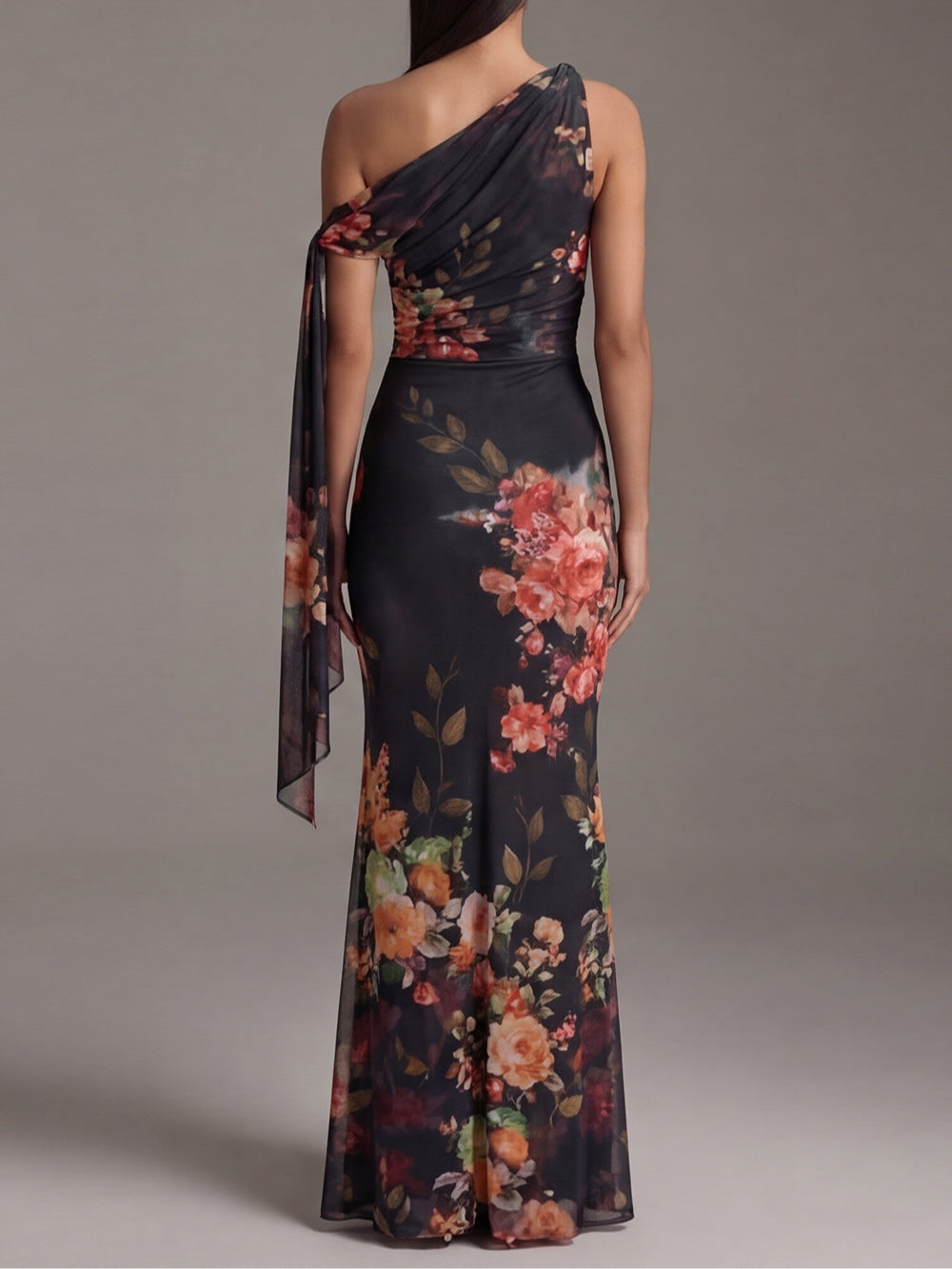 Elegant Black Floral Maxi Dress for Women with One Shoulder Draped Sleeve Ruched Bodycon Formal Wedding Guest Style