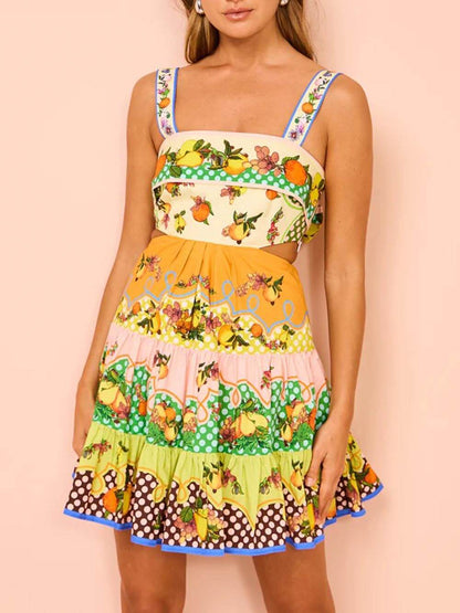 Effortless Multicolor Citrus Print Mini Dress for Women with Square Neck Sleeveless Cut Out Tiered Ruffle Bohemian Style