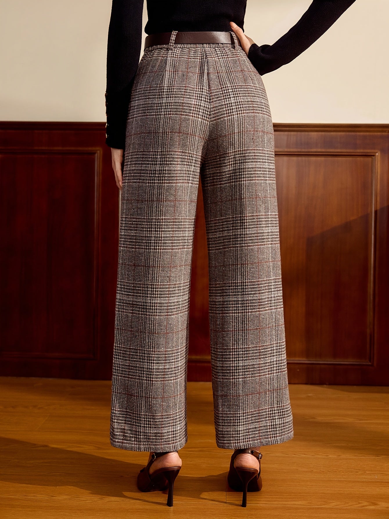 Elegant Lattice Plaid Wide Leg Pants for Women with High Waist Belted Tailored Relaxed Style