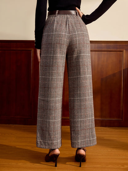 Elegant Lattice Plaid Wide Leg Pants for Women with High Waist Belted Tailored Relaxed Style