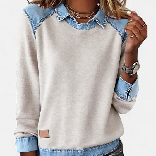 Effortless Denim Colorblock Sweatshirt for Women with Collar Long Raglan Sleeve Contrast Cuff Casual Style
