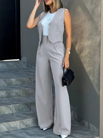 Elegant Silvery Grey Two Piece Set for Women with Button Front Vest Wide Leg Pant Formal Style