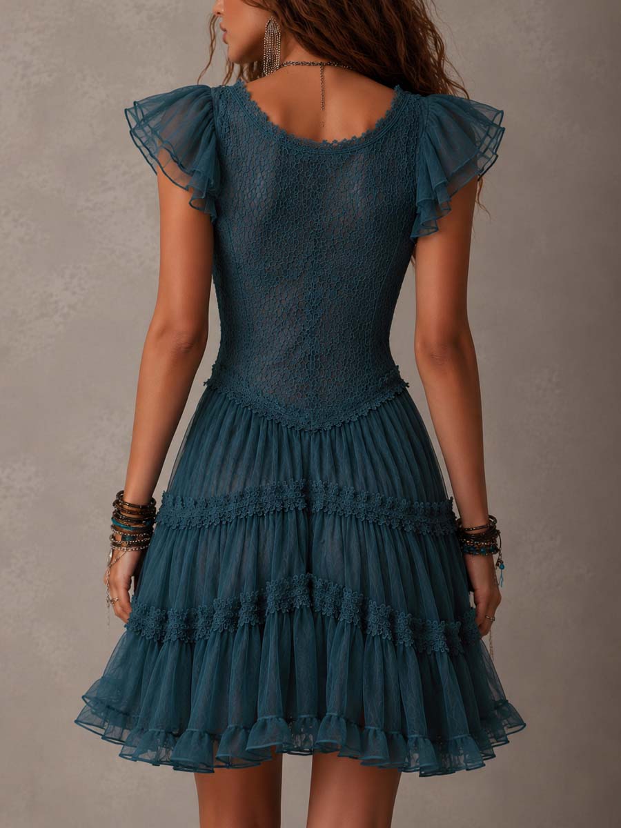 Elegant Blue Lace Mini Dress for Women with V Neck Flutter Sleeve Tiered Ruffle Bohemian Style