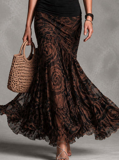 Effortless Black Rose Print Two Piece Set for Women with Halter Neck Ruffle Hem Mermaid Skirt Boho Style