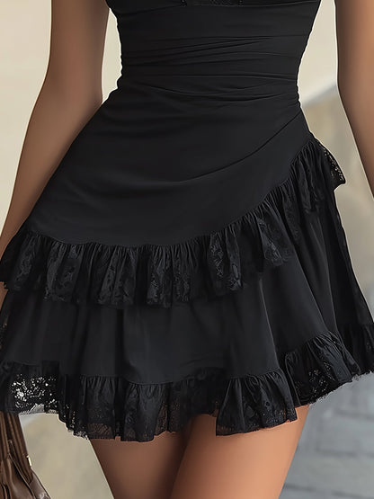 Elegant Black Lace Mini Dress for Women with V Neck Puff Sleeve Ruffle Tiered Bodycon Cocktail Style