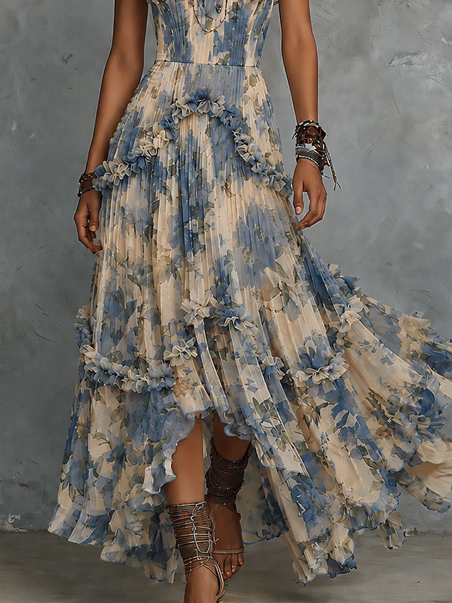 Effortless Blue Floral Maxi Dress for Women with Strapless Pleated Tiered Ruffle Bohemian Style