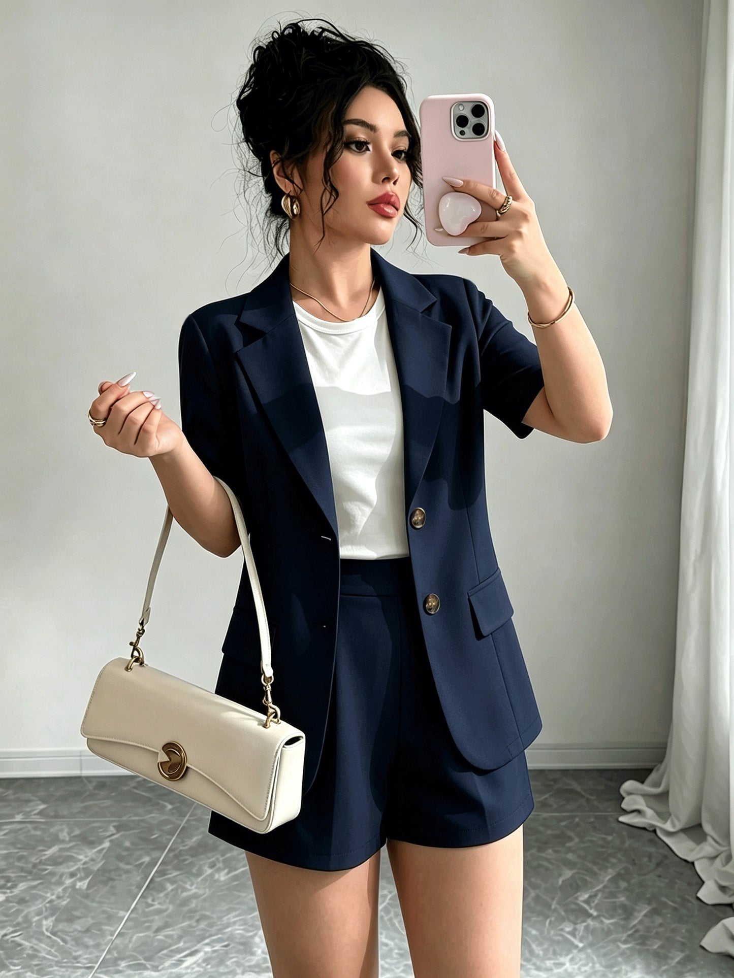 Effortless Blazer Shorts Set for Women with Lapel Collar Short Sleeve Button Front Two Piece Style