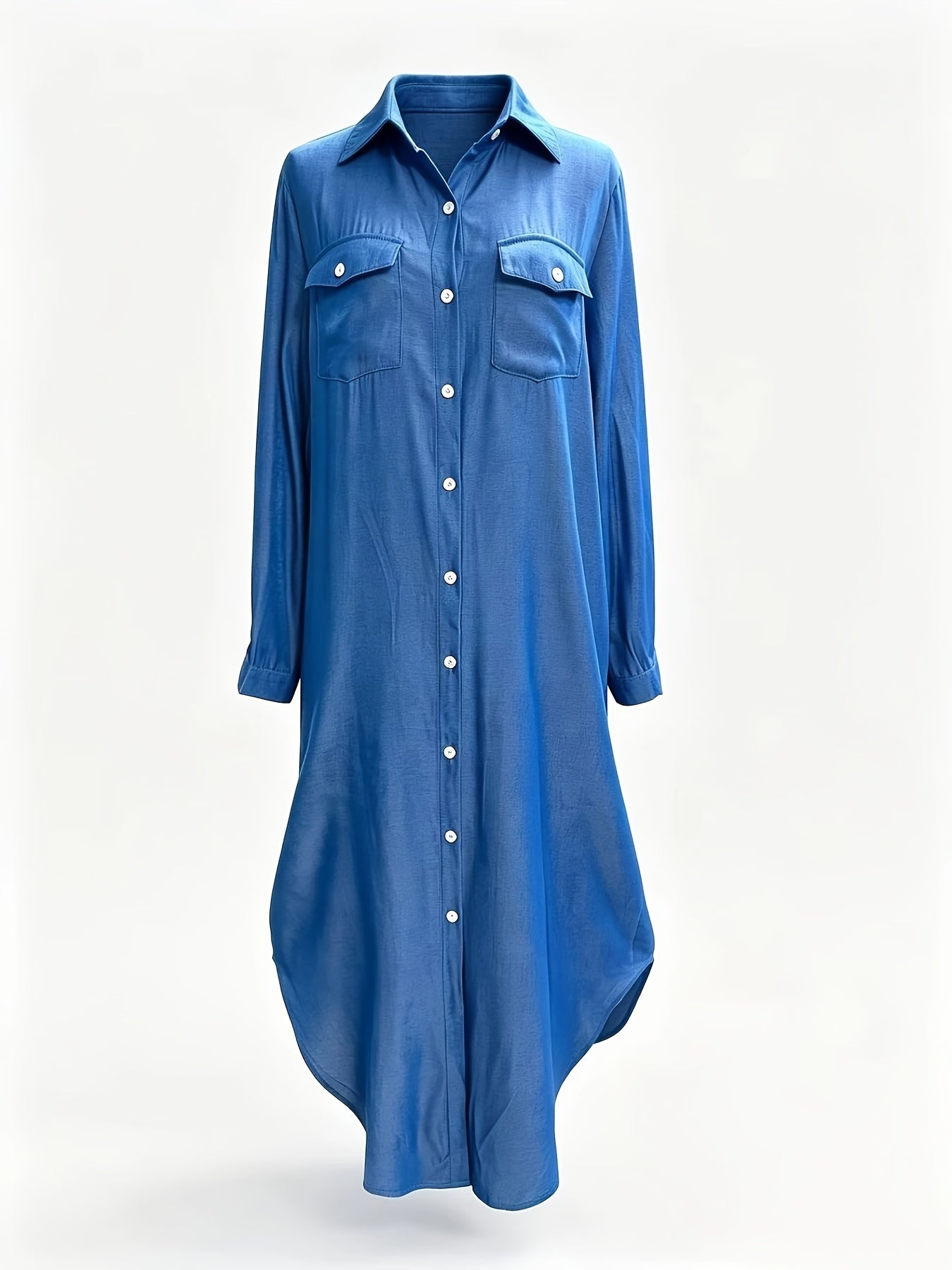 Elegant Blue Denim Maxi Shirt Dress for Women with Collar Long Sleeve High Low Hem Casual Style