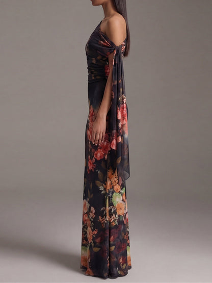 Elegant Black Floral Maxi Dress for Women with One Shoulder Draped Sleeve Ruched Bodycon Formal Wedding Guest Style