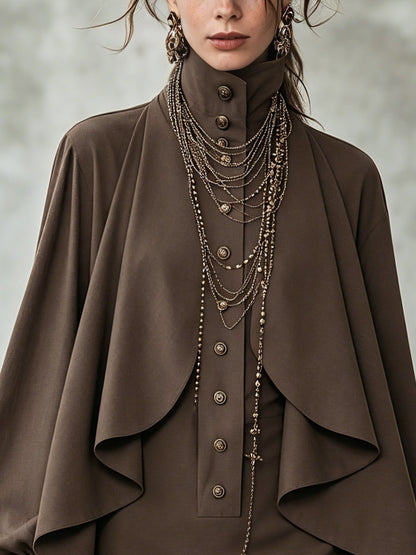 Elegant Chocolate Mini Dress for Women with High Neck Long Sleeve Draped Cape Style