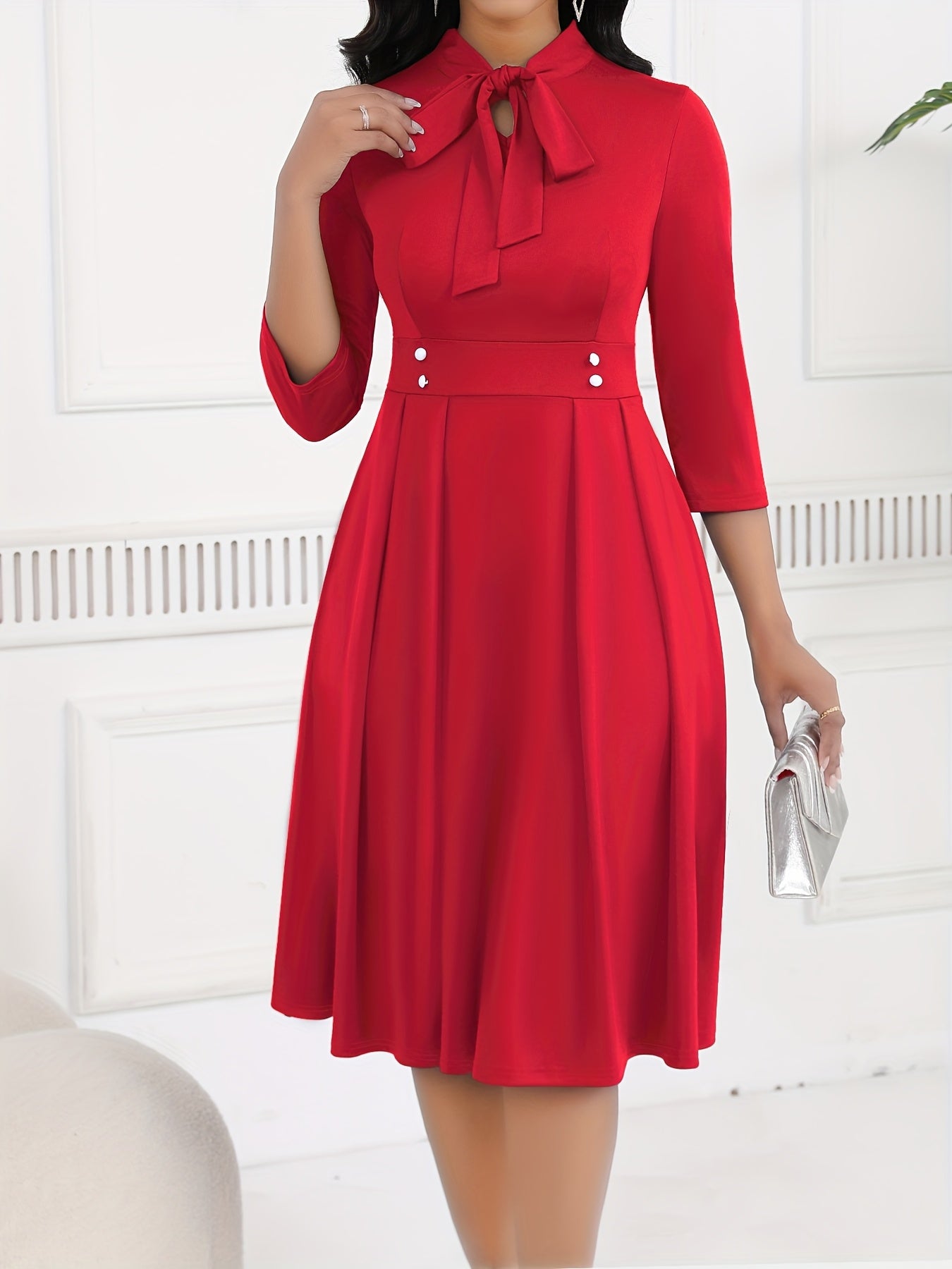 Elegant Bow Tie Midi Dress for Women with Stand Collar Elbow Sleeve Pleated Fit and Flare Style