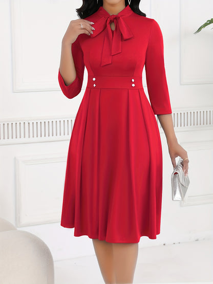 Elegant Bow Tie Midi Dress for Women with Stand Collar Elbow Sleeve Pleated Fit and Flare Style