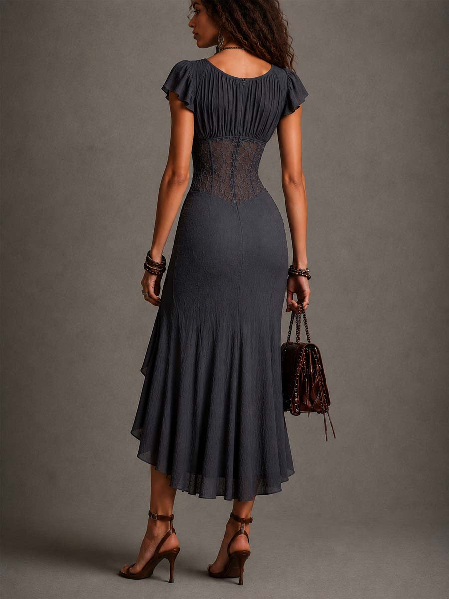 Elegant Dark Grey Lace Corset Midi Dress for Women with V Neck Cap Sleeve Ruffle High Slit Cocktail Style
