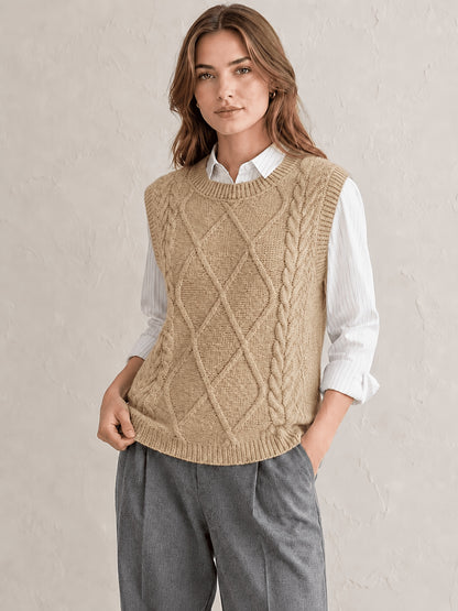 Comfortable Cable Knit Sweater Vest for Women with Crew Neck Sleeveless Relaxed Preppy Style