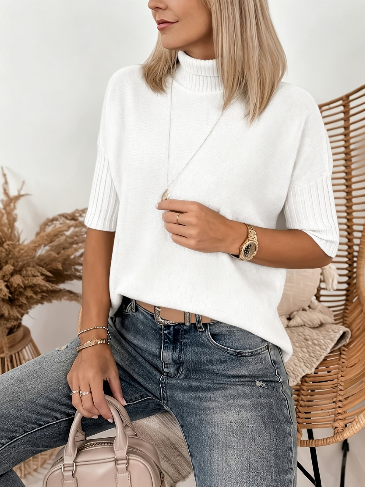 Comfortable Ribbed Sweater for Women with High Neck Elbow Sleeve Relaxed Oversized Knit Style