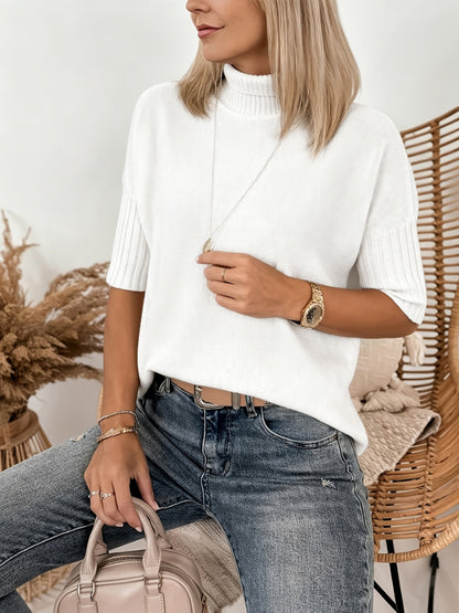 Comfortable Ribbed Sweater for Women with High Neck Elbow Sleeve Relaxed Oversized Knit Style