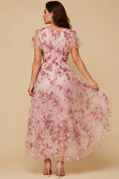 Elegant Light Pink Floral Midi Dress for Women with V Neck Flutter Sleeve High Low Wedding Guest Style
